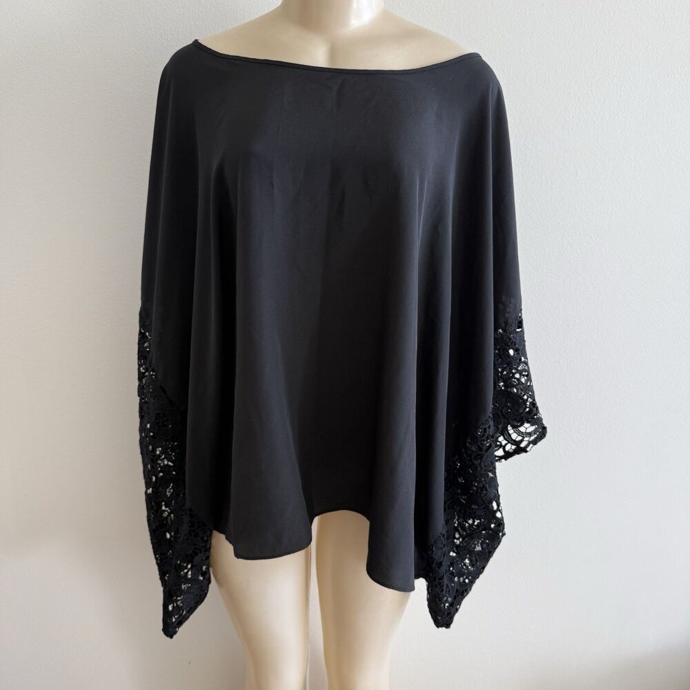 Aum Couture Black Top Tunic Cape Lace Embroidered Sleeve Loose Fit to XL USA